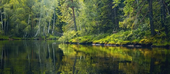 Bank Of River With Thick Forest Reflected In Water