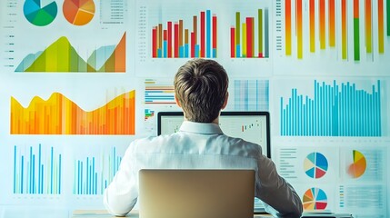 A statistician analyzing data on a laptop, surrounded by colorful charts and graphs, with a light solid color background