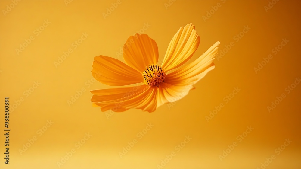 Poster beautiful orange cosmos flower falling in the air isolated on yellow background levitation or zero g