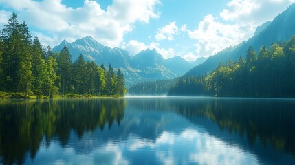 Serene Mountain Lake Landscape with Reflections for Text Placement