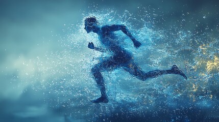  The human body shape of a running man filled with blue water on a blue gradient background - sport or fitness hydration, healthy lifestyle or wellness concept design 