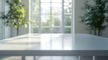 Fototapeta premium Closeup of a welldetailed white table and copy area in a hazy study space : Generative AI