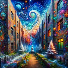 Obraz premium A colorful and surreal alleyway features vibrant buildings adorned with swirling patterns, snowy trees, and a snowman. The night sky above is filled with swirling, cosmic designs, (Gen, A.I.)