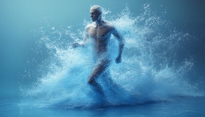 The human body shape of a running man filled with blue water on a blue gradient background - sport or fitness hydration, healthy lifestyle or wellness concept design 