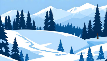 Fototapeta premium Snowy winter landscape with pine trees mountains in the background 6