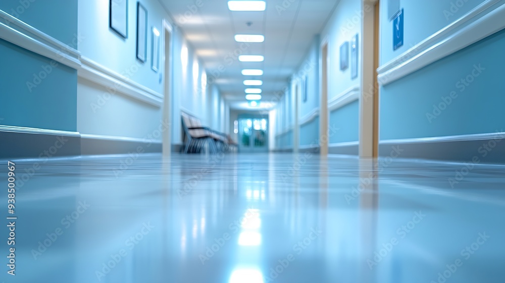 Poster Blur abstract background of corridor in clean hospital Blurred view of aisle in office with light floor Blurry lobby and waiting area in hotel Defocused empty area for event hall in sh : Generative AI
