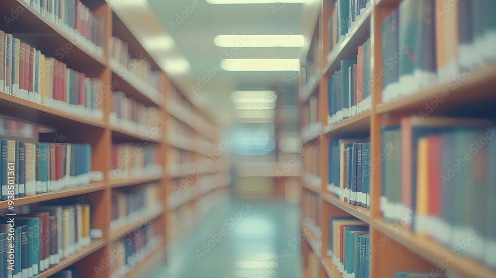 Poster abstract blurred empty college library interior space blurry classroom with bookshelves by defocused