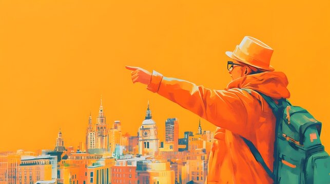 A friendly tour guide pointing out landmarks in a vibrant city, with a light solid color background