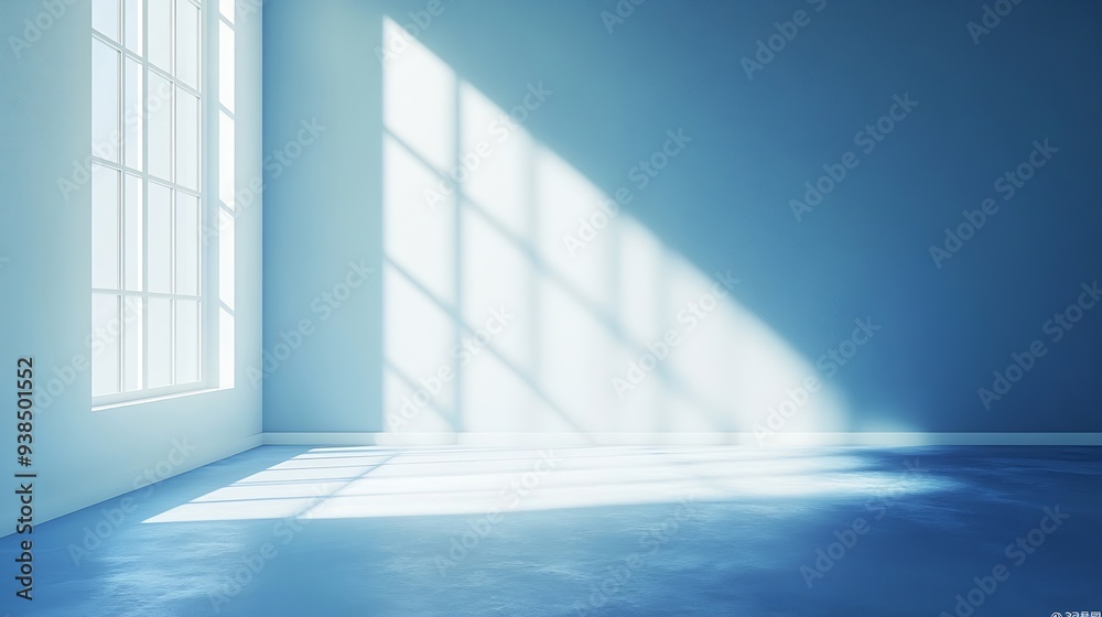 Fototapete Studio style background wall decoration presentation uses white and blue tones with shadows cast from a nearby window concept creating a decorative backdrop : Generative AI
