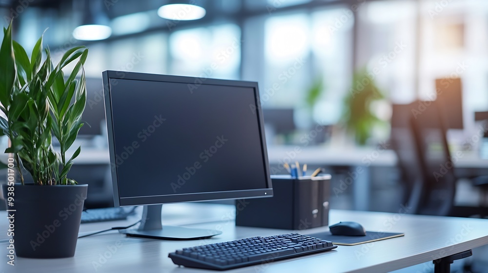 Poster empty office computer and business interior on desk company furniture and workspace vacant workplace