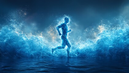 Naklejka premium The human body shape of a running man filled with blue water on a blue gradient background - sport or fitness hydration, healthy lifestyle or wellness concept design 