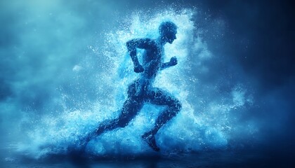 Naklejka premium The human body shape of a running man filled with blue water on a blue gradient background - sport or fitness hydration, healthy lifestyle or wellness concept design 