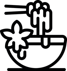 Simple line vector icon of a bowl of noodles with a flower garnish being held by chopsticks