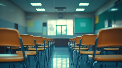 School classroom in blur background without young student Blurry view of elementary class room no kid or teacher with chairs and tables in campus : Generative AI