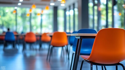School classroom in blur background without young student Blurry view of class room no kid or teacher with chairs and tables in campus : Generative AI