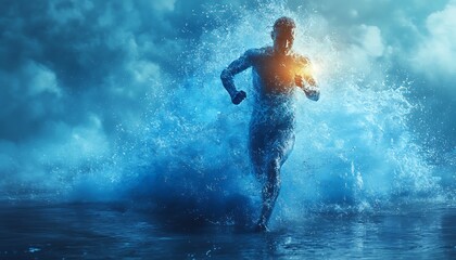  The human body shape of a running man filled with blue water on a blue gradient background - sport or fitness hydration, healthy lifestyle or wellness concept design 