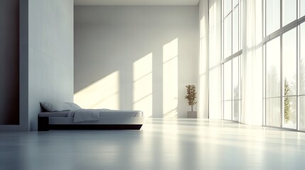 Fototapeta premium minimalistic stylish interior of luxury apartment with white stylish bedroom and dark living room modern apartments with an open layout during the day without people and amazing sun ra : Generative AI
