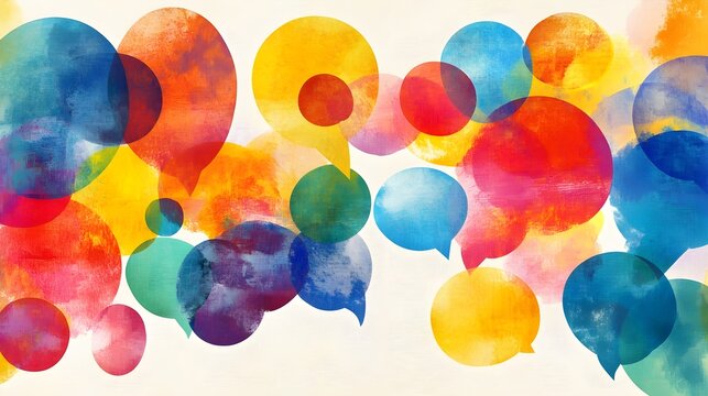 An abstract representation of languages, featuring colorful speech bubbles symbolizing different languages over a light solid color background