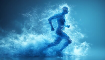 Naklejka premium The human body shape of a running man filled with blue water on a blue gradient background - sport or fitness hydration, healthy lifestyle or wellness concept design 