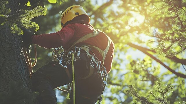 A professional tree service technician wearing safety gear, climbing a tree with ropes and harness, preparing to prune the upper branches, with copy space available