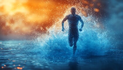 The human body shape of a running man filled with blue water on a blue gradient background - sport or fitness hydration, healthy lifestyle or wellness concept design 