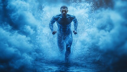 Fototapeta premium The human body shape of a running man filled with blue water on a blue gradient background - sport or fitness hydration, healthy lifestyle or wellness concept design 