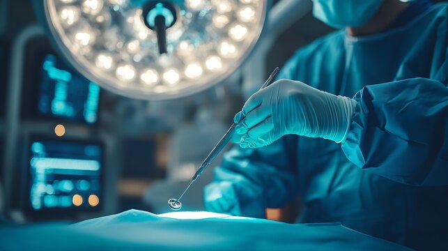 Hand of the Surgeon holds surgical instrument inside operating room in hospitalDoctor in blue uniform did minimal invasive endoscopic keyhole spine disc surgery technologyPeople work w : Generative AI