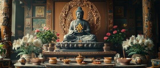 Fototapeta premium Triple Gem Temple Altar Buddhism Religion Spiritual Symbol