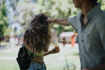 Friends playfully messing up each other's hair and laughing together in a sunny park setting.