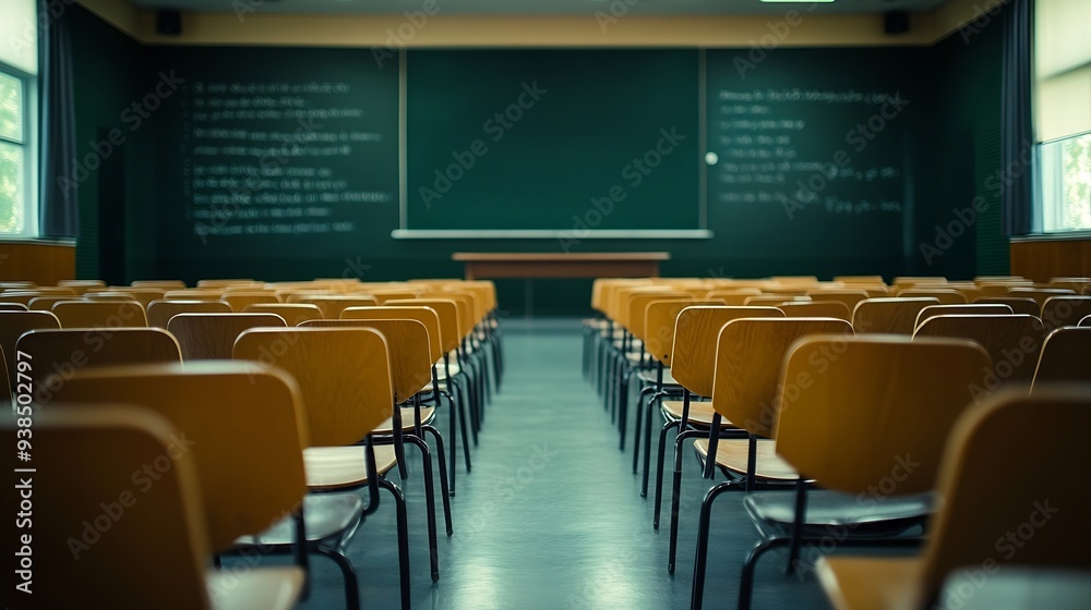 Poster empty classroom with chairs arranged in a black t prizes : generative ai
