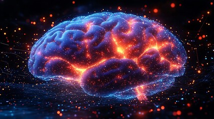  Human brain stimulation or activity with neuron close-up 3D rendering illustration. Neurology, cognition, neuronal network, psychology, neuroscience scientific concepts design 