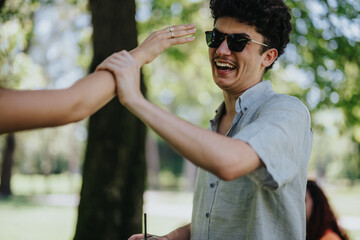 Friends enjoying a fun moment in the park, laughing and playfully messing with each other's hair on...