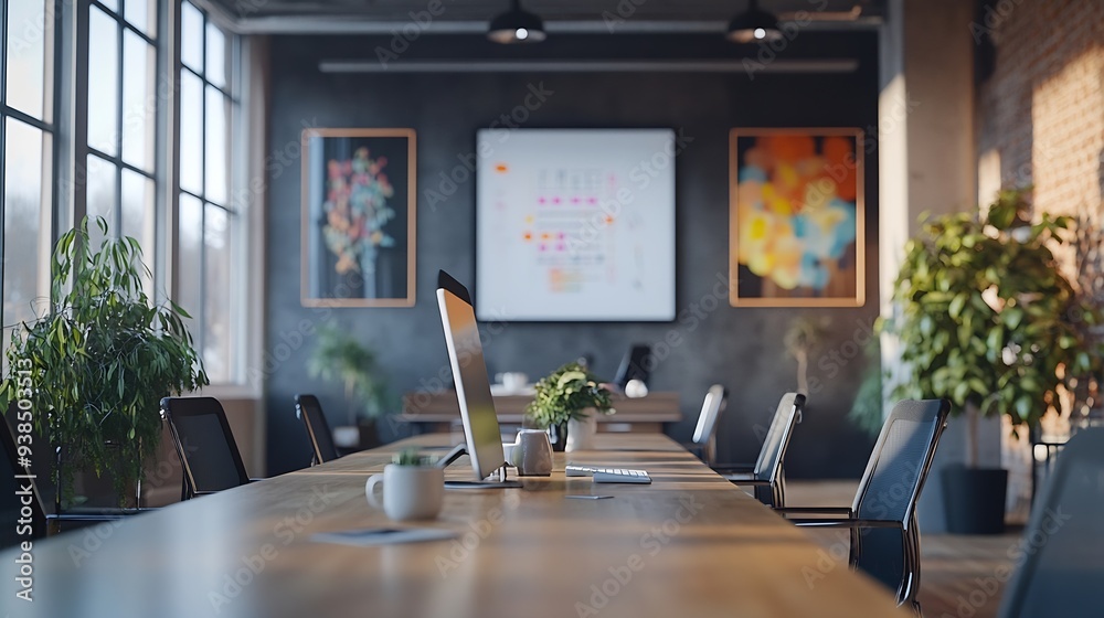 Poster empty conference room for team meetings in modern creative agency with art on walls and desks with c