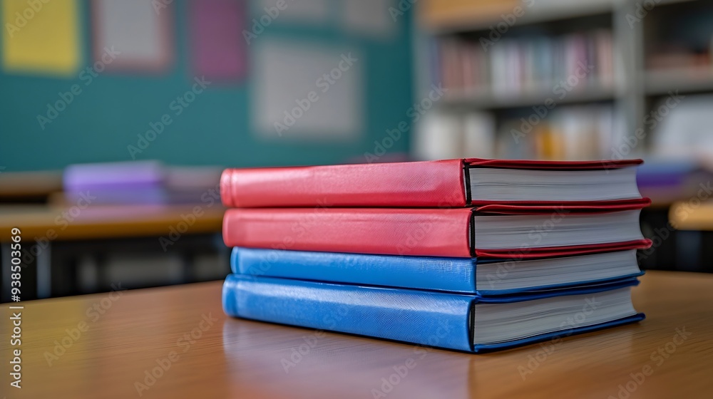 Fototapete stack of notebooks on wooden desk in empty classroom : generative ai