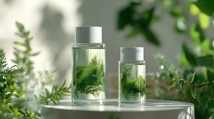Front view of seaweed leaves on flasks and transparent podium decorated on backlit background Scene for advertising cosmetic of seaweed extract has the effect of treating acne detoxing : Generative AI