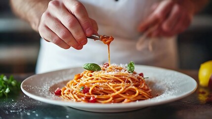 Male chef adding tasty sauce into plate with pasta in kitchen closeup : Generative AI