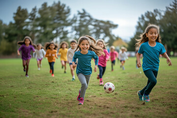 Obraz premium Excited children chase a soccer ball during football training camp in a sunlit field