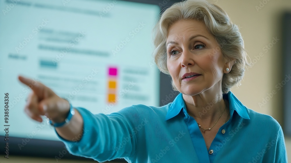 Aufkleber A mature female instructor points to a chart on a digital screen during an educational session in a welllit classroom : Generative AI