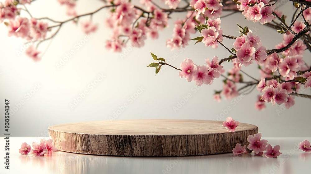 Fototapete Geometric empty podium wooden platform stand for product presentation and spring flowering tree branch with pink flowers on white background : Generative AI