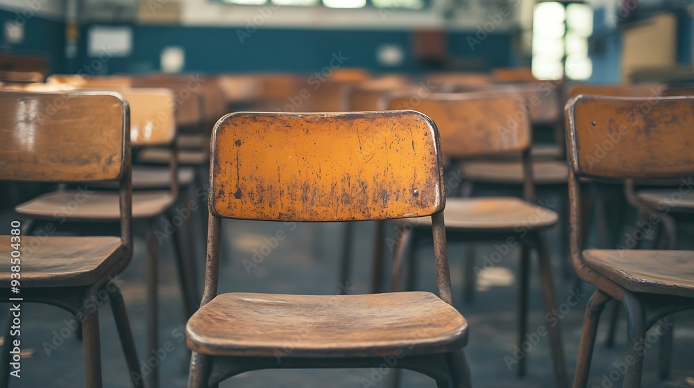 Leinwandbilder selective soft and blur focusold wooden row lecture chairs in classroom in poor schoolstudy room wit