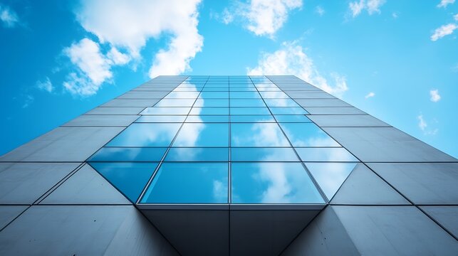 modern building on blue sky background contemporary artistic architecture of concrete and glass sharp triangle shapes : Generative AI