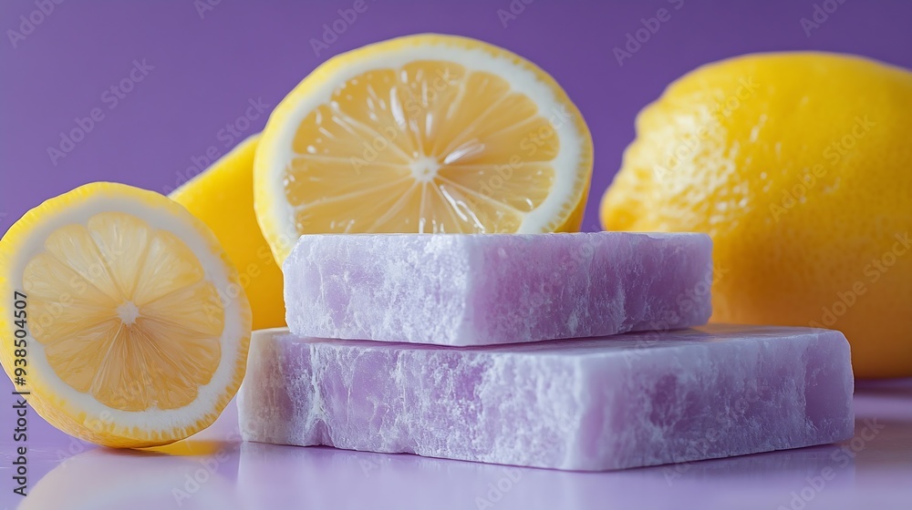 Poster Against the purple background fresh lemon and lemon slices decorated with blocks of stone and empty podium Lemon is a versatile fruit that is responsible for several health benefits : Generative AI