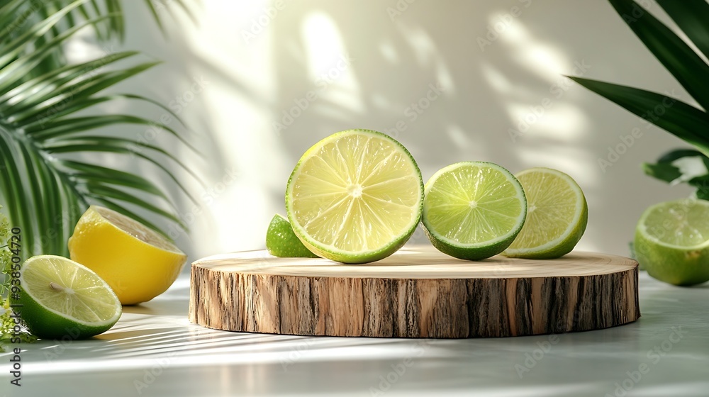 Poster wooden slice podium on white background with palm leaves lemon and lime slices modern product displa