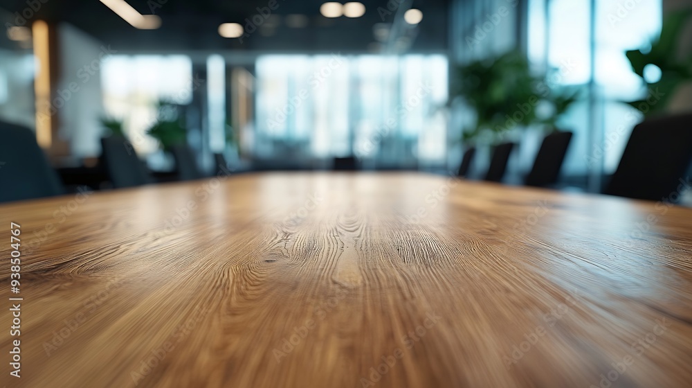 Aufkleber on the blurred background of the empty office room a wooden board rested top the table : generative 