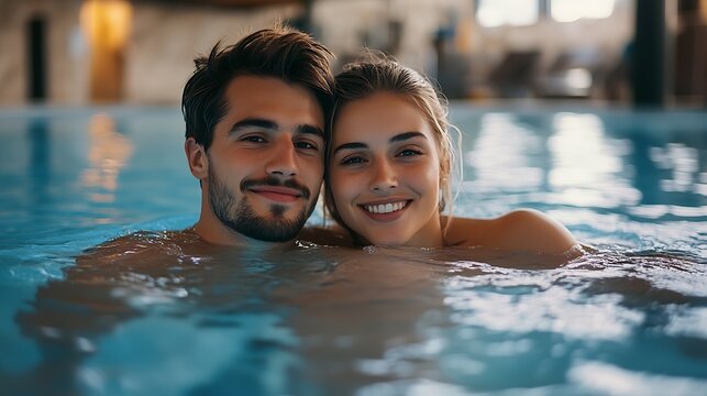 Handsome young couple relaxing in the indoor swimming pool : Generative AI