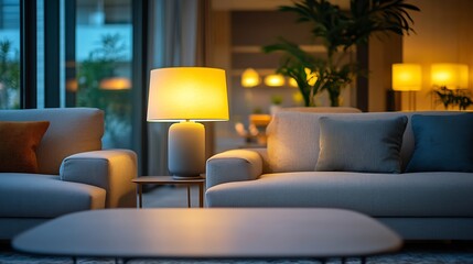 Obraz premium Interior of stylish living room with grey sofas and glowing lamps at evening : Generative AI