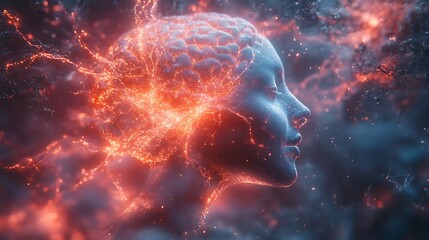 Obraz premium Human brain stimulation or activity with neuron close-up 3D rendering illustration. Neurology, cognition, neuronal network, psychology, neuroscience scientific concepts design 