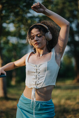 A gorgeous girl enjoying herself, performing modern dance outdoors. The sunny park setting enhances the joyful and carefree atmosphere captured in this moment.