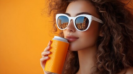 Stylish young woman in white trendy sunglasses sipping soda drink from can on orange backdrop : Generative AI