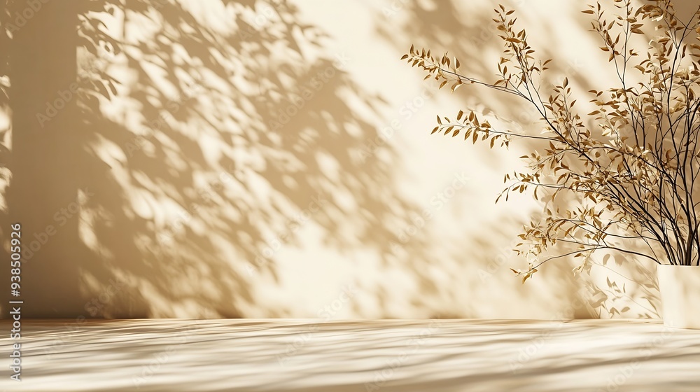 Poster background shadow studio autumn beige plant overlay podium 3d white light design table product room 